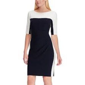 NWT Ralph Lauren White and Navy Sheath Dress Bateau Neckline 3/4 Sleeve